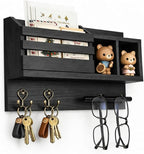 Key and Mail Holder Wall Mount, Wooden Entryway Organizer with 2 Hooks & Shelf, Compact Key Rack for Wall with Mail Organizer