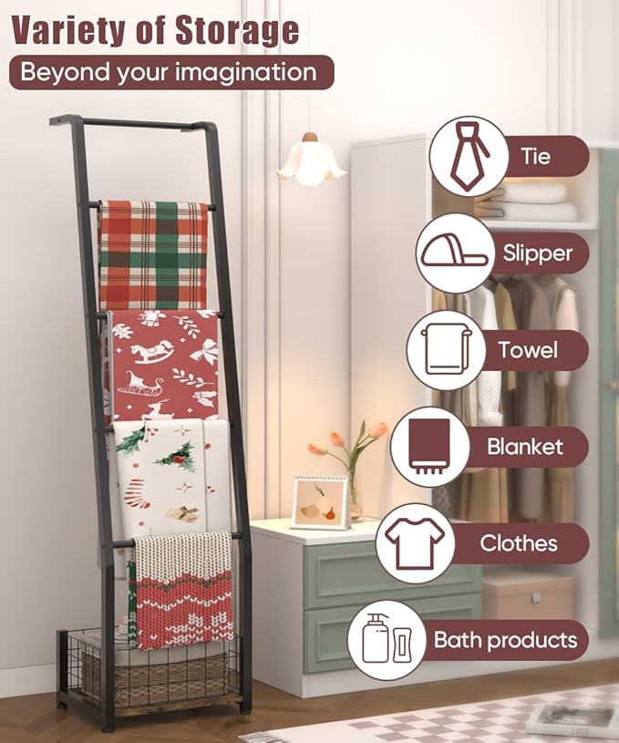 6.3ft Blanket Ladder with Storage Basket, 5 Tier Decorative Ladder Shelf Stand for Living Room & Bedroom, Wall-Leaning Blanke