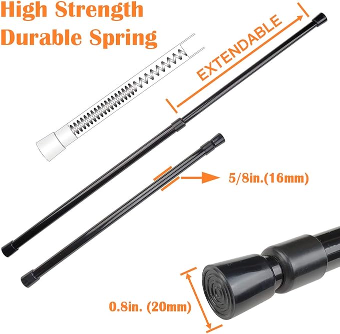 KXLIFE 4 Pack 5/8" Spring Tension Curtain Rod, RV Tension Bars, Cupboard Rod Black 10 to 16 Inch