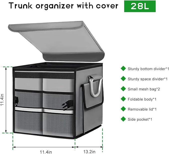 Trunk Organizer with Lid, 28L Collapsible 2-Compartment Car Storage Box with Reinforced Handles, Multipurpose Waterproof Oxford Storage