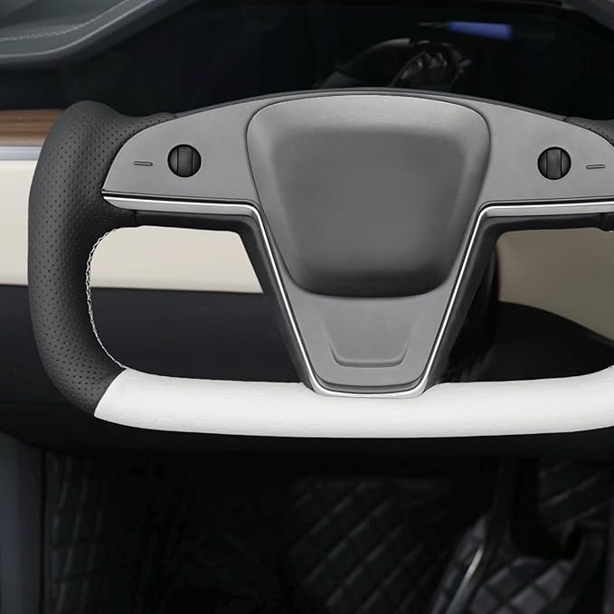 MEWANT Hand Stitched White Leather Steering Wheel Cover Wrap for Tesla Model S 2021-2023 / Model X 2021-2023 Steering Wheel Accessories