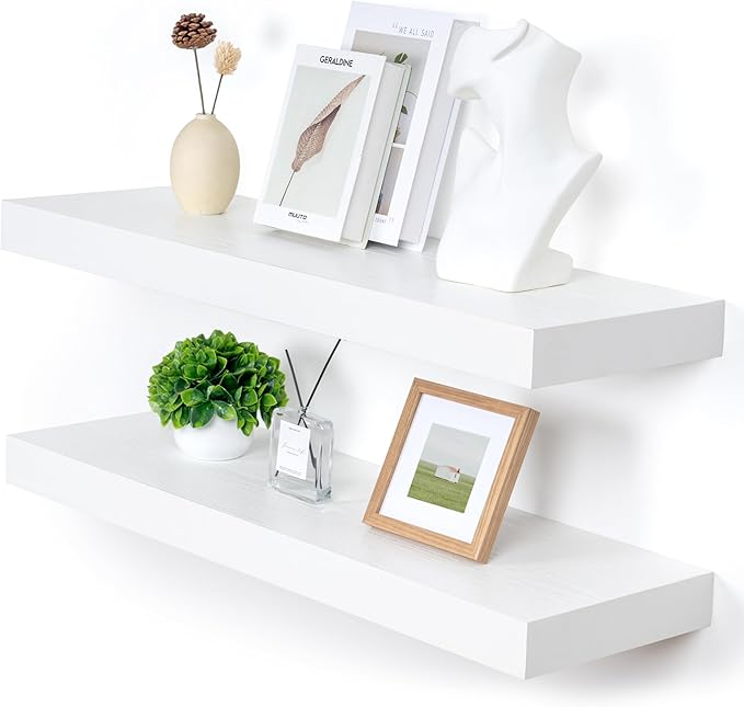 Deep Floating Shelves | 36 Inch White Floating Shelves Set of 2 | 12 Inch Deep Rustic Wood Shelves for Wall | 36" W x 12" D W