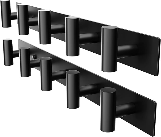 GWAAZXGZ Black Wall Mounted Coat Rack – 5 T-Shaped Pegs for Hats, Bags & Towels, Heavy-Duty Metal Rail for Entryway, Bathroom