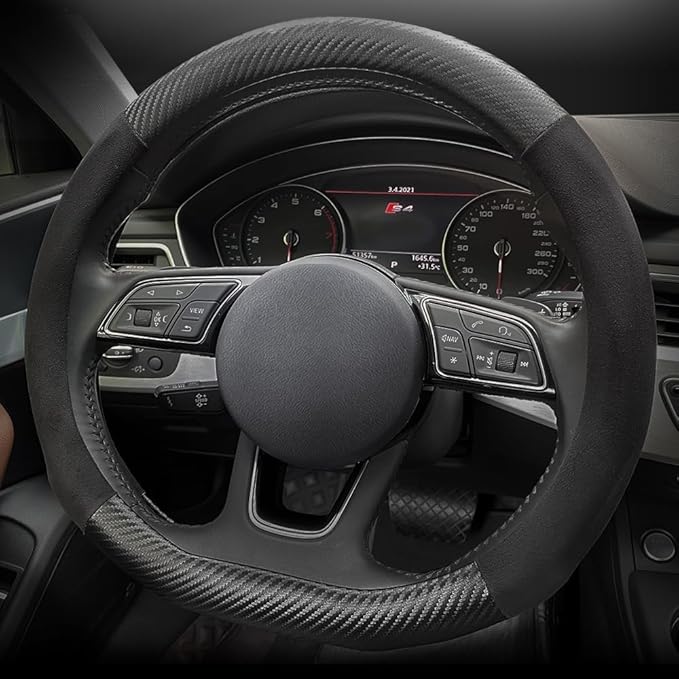 Carodi Suede Carbon Fiber Steering Wheel Cover Car Non-Slip Leather Car Interior Fitting 15-inch Universal（D-Shape,Black ）