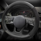 Carodi Suede Carbon Fiber Steering Wheel Cover Car Non-Slip Leather Car Interior Fitting 15-inch Universal（D-Shape,Black ）