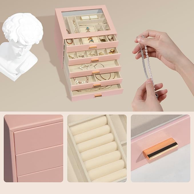 Jewelry Box with Glass Lid, 5-Layer Jewelry Organizer for Women Girls, PU Leather Display Case with 20-Grid Earring Tray & Mo