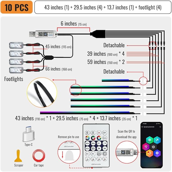 Acrylic Car Led Lights Interior, Universal RGB Ambient Lighting Car Kit,175 inch Neon Flexible Fiber Optic Led Strip Music Sync Lights,10 in 1 USB Power Dash Footwell DIY Mode