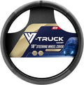 18-Inch Genuine Leather Steering Wheel Cover for Semi Trucks – Black with Carbon Fiber Imitation, Heavy-Duty Non-Slip Grip, Universal Fit, Easy Installation