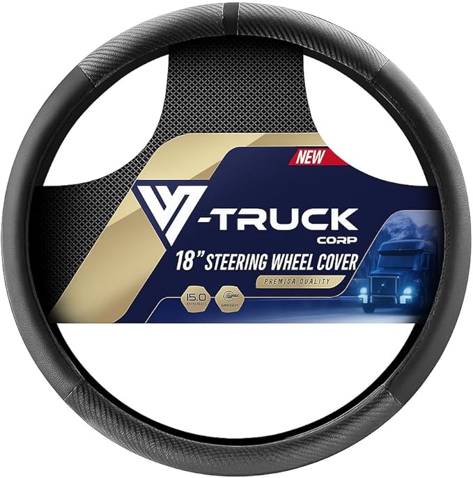 18-Inch Genuine Leather Steering Wheel Cover for Semi Trucks – Black with Carbon Fiber Imitation, Heavy-Duty Non-Slip Grip, Universal Fit, Easy Installation