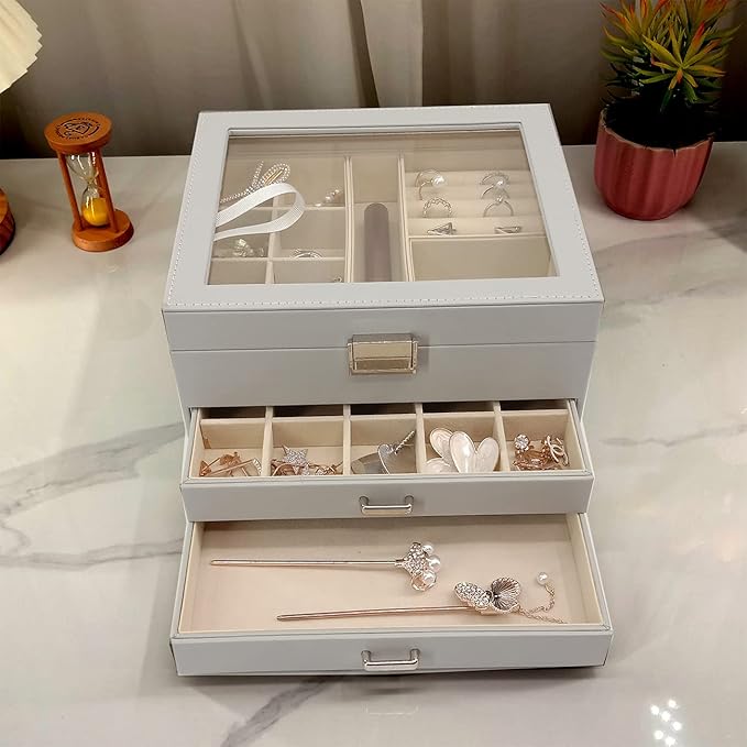 BOOVO Clear Lid Jewelry Box,3 Layers Jewelry Organizer Large Multi-Functional Jewelry Storage Box with 2 Drawers,Jewelry Disp
