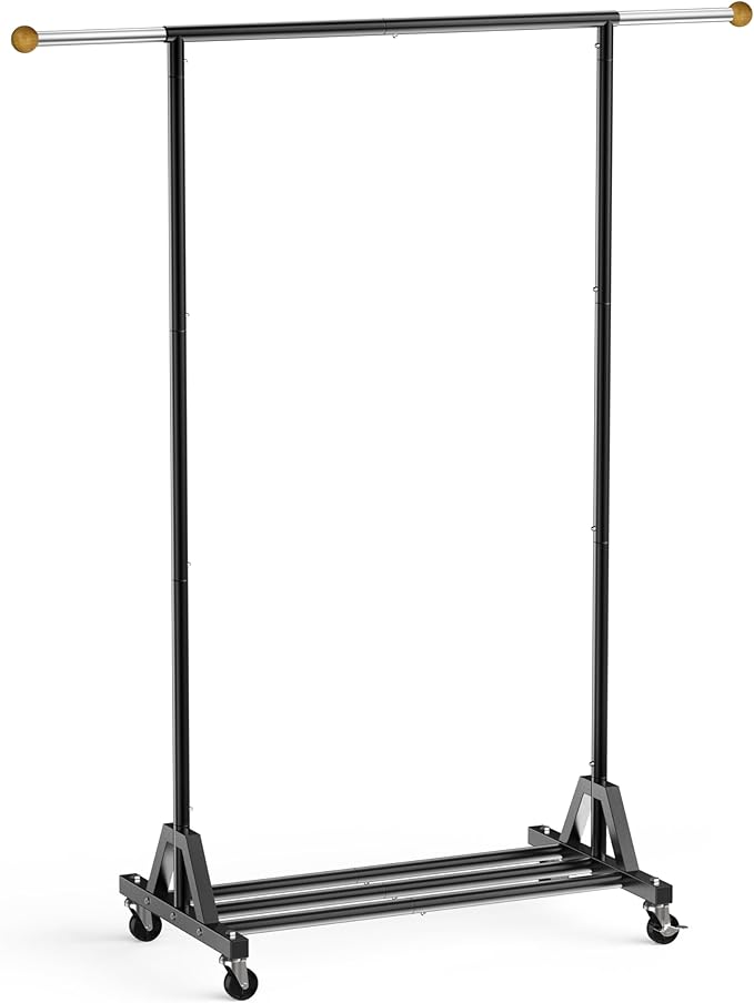 Rolling Garment Rack - Retractable Clothes Rack with Hanging Rods, Lockable Wheels and Bottom Storage Shelf - Sturdy Coat Rac