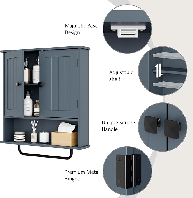 RRX Bathroom Cabinet Wall Mounted Medicine Cabinets with Towels Bar, Over The Toilet Storage Cabinet with 2 Doors and Adjusta