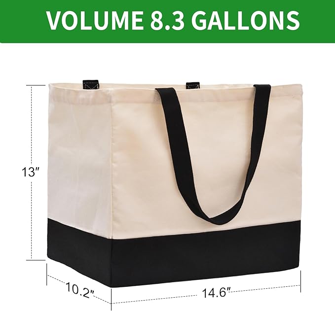 3 Pack Canvas Reusable Grocery Bags Heavy Duty, 8.3 gal Foldable Large Canvas Tote Bag with Handles, Holds 60 lbs Canvas Shopping Bags & Washable Eco-friendly Bags with 5 Pockets, Off white Black