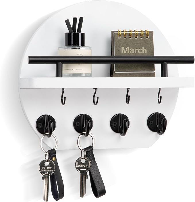 Nekon Key Holder for Wall - 9.8 Inch Apartment Wall Decor with Shelf and 8 Key Hooks, Circular Wood Key Hanger for Home Decor