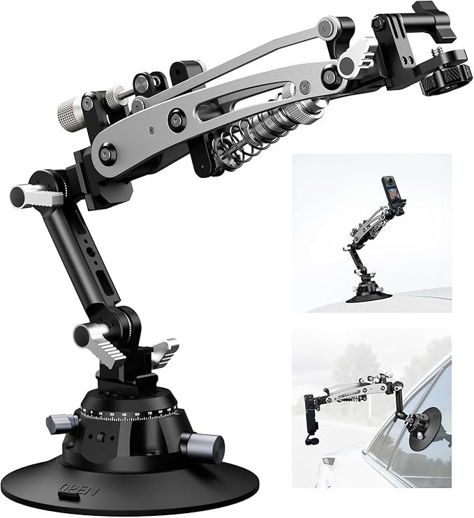 EMART Shock Absorber Arm Car Camera Mount for Action Camera, Featuring 6" Vacuum Car Suction Cup, Qick Release NATO Rail, Hydraulic Boom Arm Compatible with DJI Osmo Pocket 3, Insta360, GoPro, iPhone