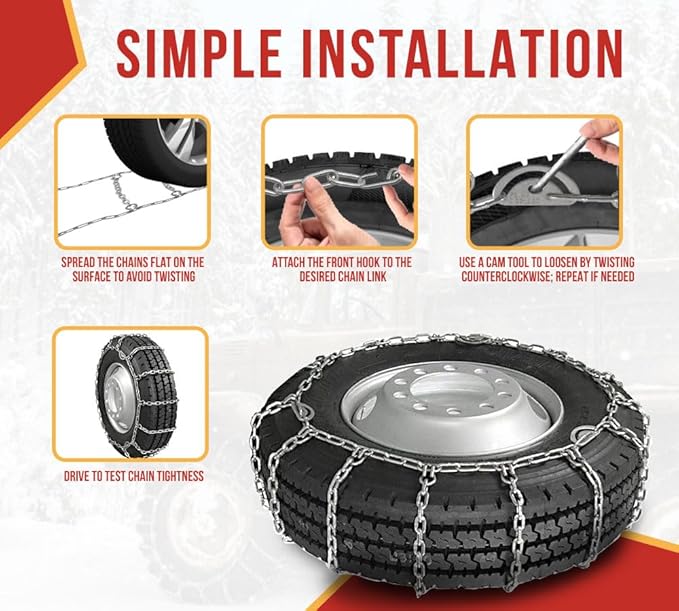 Mytee Products 2 Pair CAM Square Link Snow Chains Compatible w/ 22.5" Rim Diameter & 11" Wide Car Pickup Low-Duty Trucks SUV 