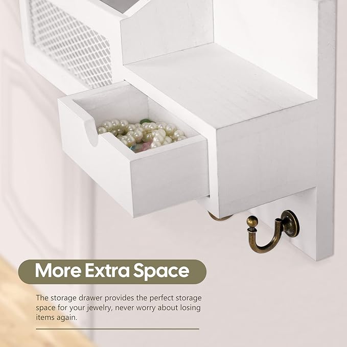 FifthQuarter Key and Mail Holder for Wall, Mail Organizer Wall Mount with 6 Hooks and Storage Drawer, Easy Installation Key R