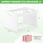 Hanging File Organizer Box for Letter Size, 2 Pack Bamboo File Folder Organizer, Storage Moving Boxes with Handle Wood Desk F