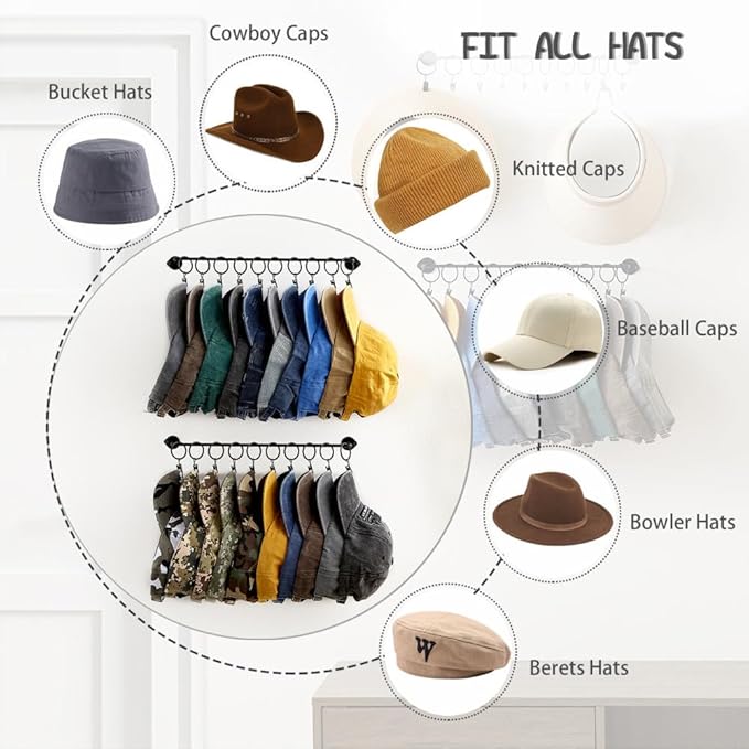 Hat Rack Wall Cap Organizer - Baseball Hat Racks Display Holder with 40 Hooks - Modern Metal Black Hats Storage Wall Mounted 