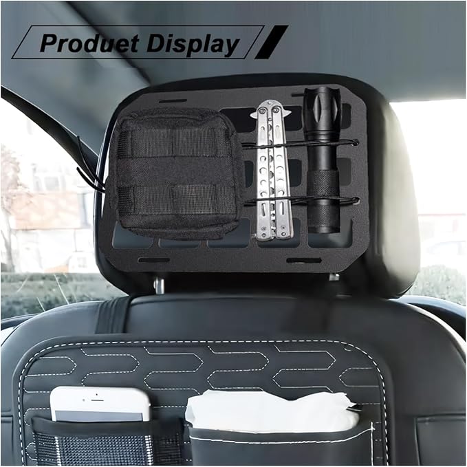 Vehicle Rigid MOLLE Panel, Headrest Organizer EDC Pouch Tool Holster, Tactical Gear Seat Back Rack Truck Equipment Mount Plate, Auto Interior Modular Storage Shelf Accessory (Headrest Panel)