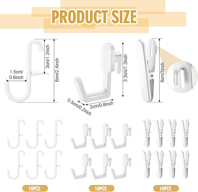 Kathfly 30pcs Pegboard Accessories 10 Clips 20 Hooks, Peg Board Accessory Kit for Wall Organizer Compatible with IKEA Skadis 