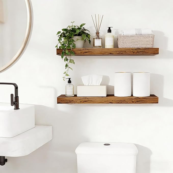 23.6 inch Rustic Brown Floating Shelves Set of 2, Solid Wood Wall Mounted Shelves, Heavy Duty Display Storage Shelves for Bed