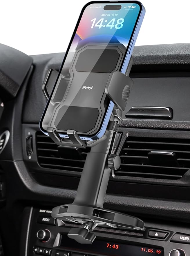woleyi CD Phone Holder for Car - Height Adjustable Car Phone Holder CD Slot, Ultra Sturdy CD Player Cell Phone Holders for Your Car for iPhone 17 Pro Max 16 15 14 13 12 Air Plus, S25, 4-7" Smartphones