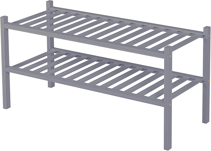 ROMGUAR CRAFT 2 Tier Bamboo Shoe Rack for Closet Free Standing Wood Shoe Shelf for Entryway Small Space Stackable 27"x11"x13"