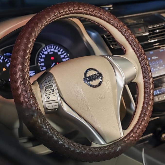 Carwales Elegant Men Steering Wheel Cover Leather for Car Hand-Made Wheel Wrap Hand Woven Universal 14.5-15 Inch Brown