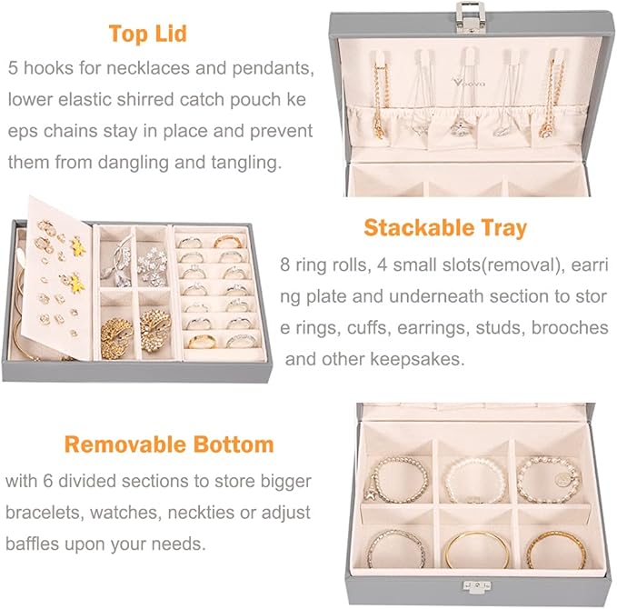 Voova Jewelry Box Organizer for Women Girls,2 Layer Large Men Jewelry Storage Case, PU Leather Display Jewellery Holder with 