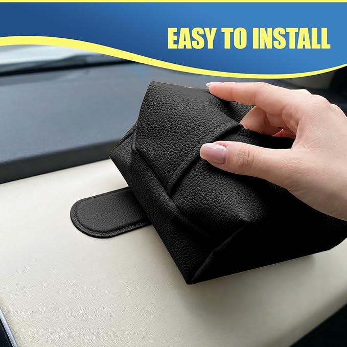 Car Tissue Holder, Leather Auto Headrest Hanging Napkin Box with Magnet-Attracting Adhesive Strip, Universal Vehicle Interior Paper Storage Organizer for Sun Visor, Center Console (Black)