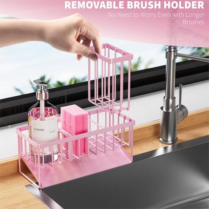 Cisily Pink Kitchen Sink Caddy Organzier with High Brush Holder, Sponge Holder for Sink, 304 Rustproof Stainless, Kitchen Cou