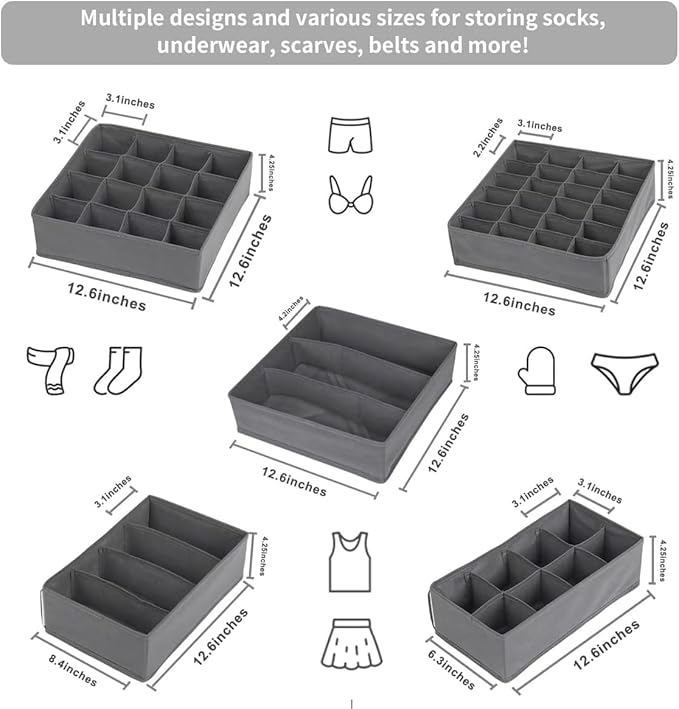 Lourome Underwear Organizer, 10 Set Foldable Fabric Underwear Drawer Organizer and Sock Organizer, Drawer Organizers for Clot