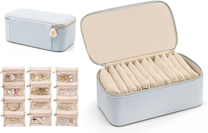 VLANDO Travel Jewelry Box Organizer – Portable PU Leather Jewelry Case with 6/8/12 Zippered Pouches, Compact Storage for Earr