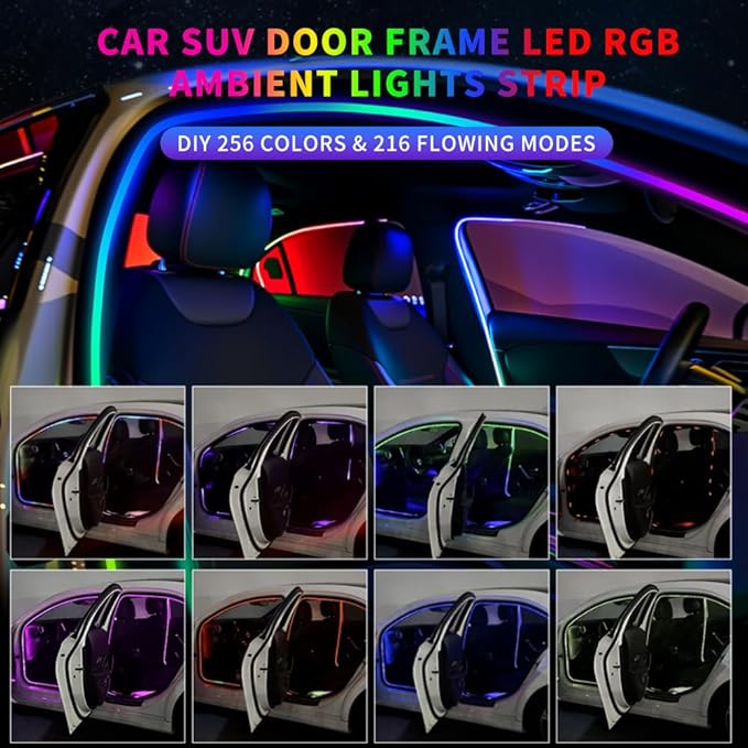 Car SUV Door Frame Ambient Light Lighting, Car Door Ambient Lights LED RGB, Automotive Auto Interior USB Neon Accent Lights Strip Accessories, App Remote Control Music Sync, Acrylic, 2 Pack*11.48ft