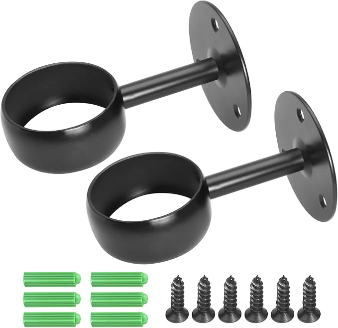 Ceiling Mount Curtain Rod Bracket 2 Pack, 2 Inch Stainless Steel Heavy Duty Flange Holders, Matte Black Closet Pole End Suppo
