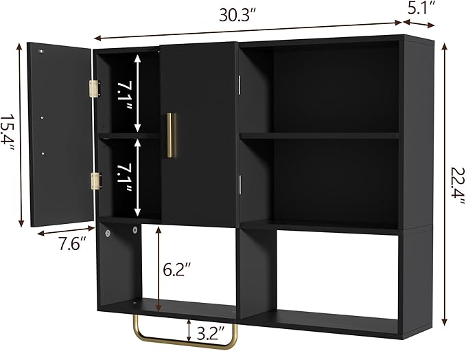 Bathroom Wall Cabinet Wood Large Wall Mounted Medicine Cabinet with 2 Doors and 4 Open Shelves Over Toilet Storage Cabinet Or