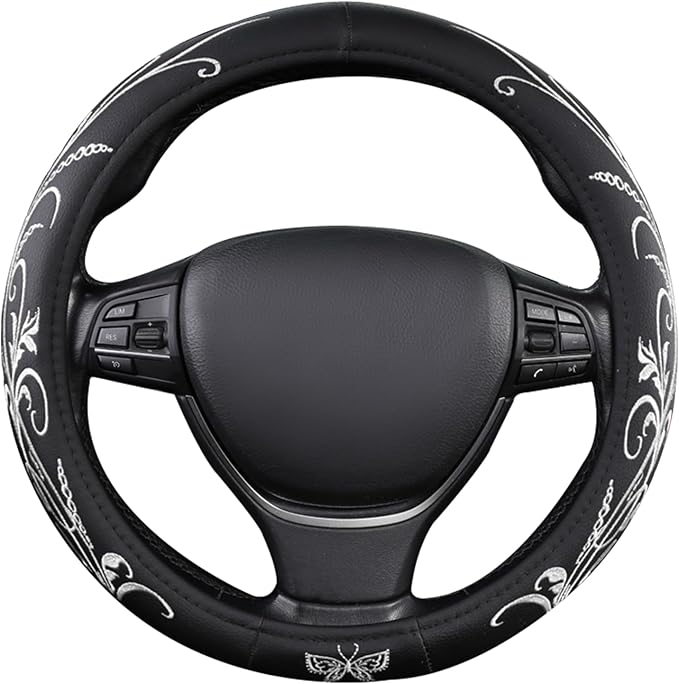 Car Leather Steering Wheel Cover - Panapi Material, Universal 14.5-15 Inch Leather Anti-Slip Breathable Auto Steering Wheel C