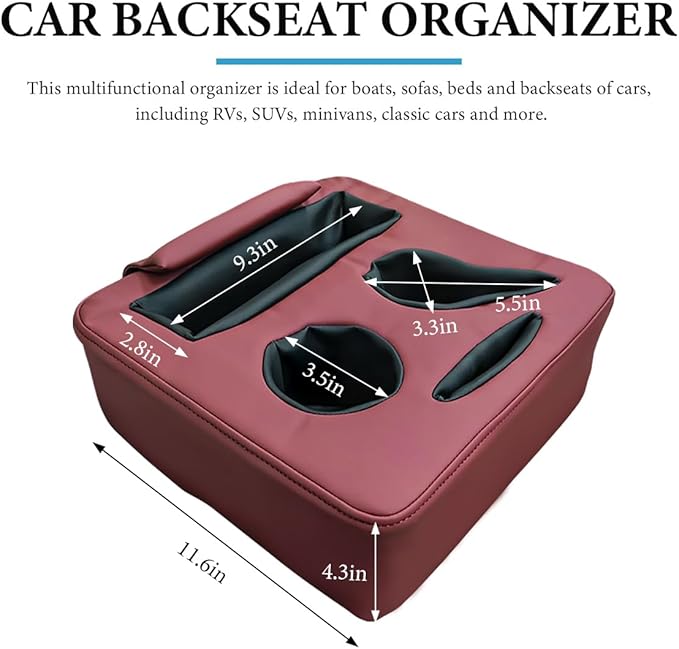 Car Back Seat Organizer, Leather Automotive Rear Seat Couch Cup Holder Expander Tray, Vehicle Cup Holder Tray Holds Snacks Remotes Phones for Truck RV Boat Couch Pillow Bed (Wine Red)