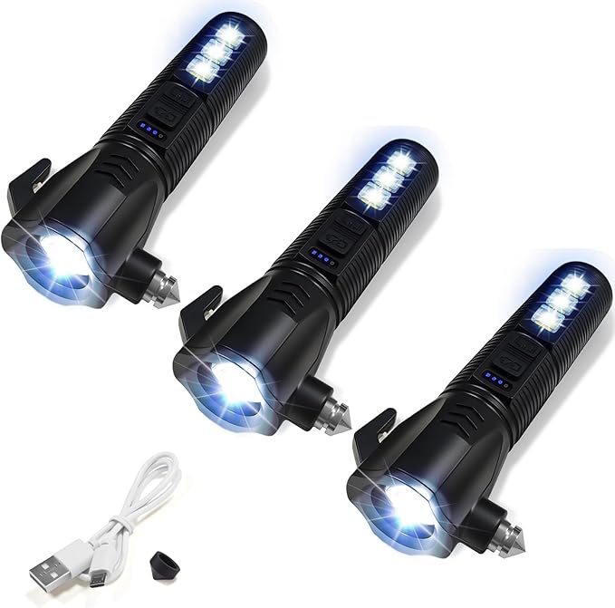Emergency Car Flashlight - 2000 Lumen Dual Light 4-Level Battery Indicator Window Breaker & Seatbelt Cutter USB Rechargeable 