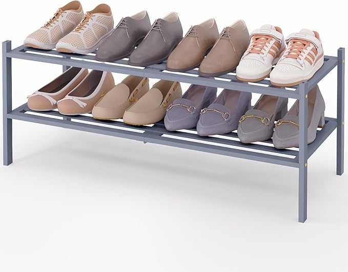 Smiry Long Bamboo Shoe Rack 2-Tier, Stackable Wooden Shoe Organizer for Entryway & Closet, Free Standing Wood Shoe Storage Sh