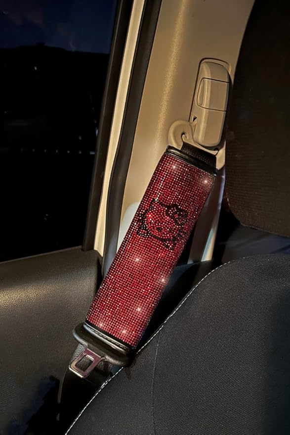 Fashion Car Ultra Bling Steering Wheel Cover with Sparkly Diamond Rhinestones, Gorgeous Accessory with Anti Slip Lining Extra Bling Especially Shiny Cat Exotic Universal (Seat Bellts Red)