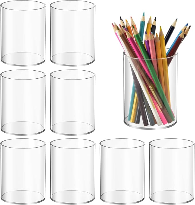 Mototo 8 Pieces Clear Acrylic Pen Holder Round Acrylic Pencil Cup Clear Makeup Bush Holder Acrylic Desktop Stationery Organiz