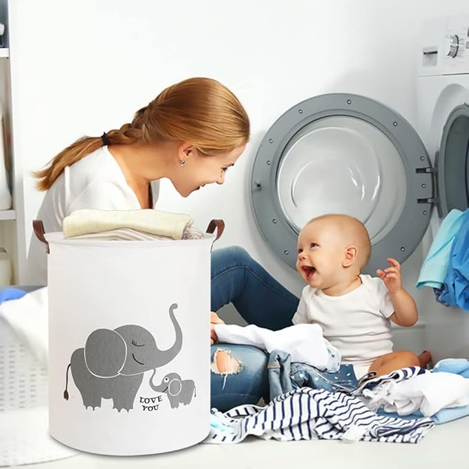 CLOCOR Collapsible Round Storage Bin/Large Storage Basket/Clothes Laundry Hamper/Toy Storage Bin (Love Elephant)