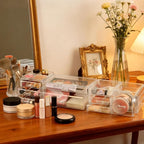 OTYMIOW 3 Tier Clear Acrylic Makeup Organizer Countertop with Brush Holder and 9 Drawers, Bathrooms, Stackable Large Makeup O