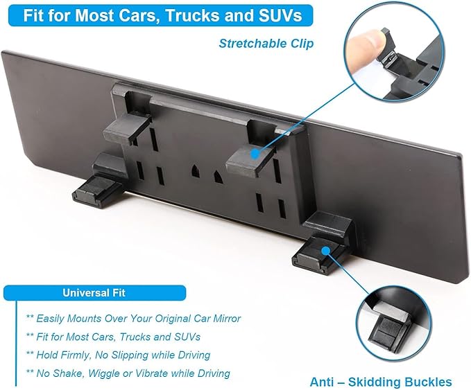 Kitbest Rear View Mirror - Interior Clip On Panoramic to Reduce Blind Spot - Universal Wide Angle for Cars, SUV, Trucks - Flat - Bonus 2 PCS Blind Spot Mirrors