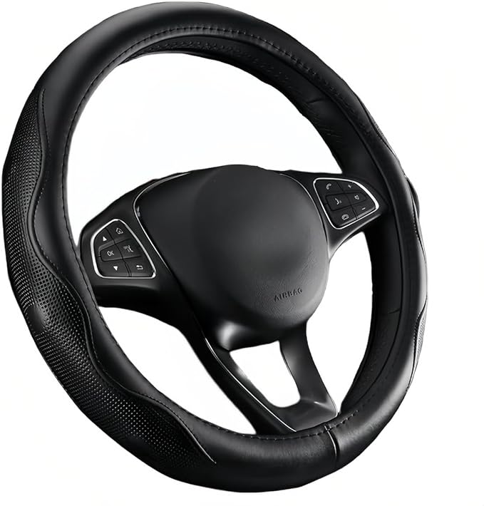 Premium Genuine Leather Steering Wheel Cover 15.5–16 Inch – Non-Slip Silicone Lining, Ergonomic Grip – Fits Ford F-150, RAM 1500, Silverado, Jeep & Trucks/SUVs