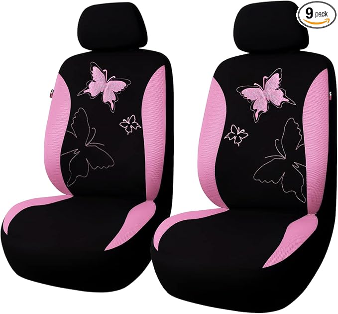 Flying Banner Butterfly car seat Covers ful Set Fashion Universal Lady Woman Female Rear Bench Split Colorized (Pink, 2 Front