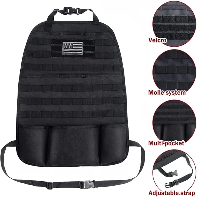 Car Seat Back Organizer, Tactical Molle Nylon Vehicle Panel Universal Fit Car Backseat Cover Protector (Olny Black molle seat organizer)
