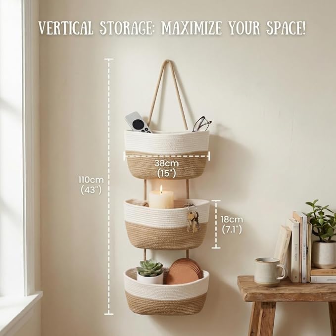 Hanging Wall Basket, Over the Door Hanging Basket with Hooks, 3-Tier Cotton Hanging Basket for Organizing, Decorative Boho Ch